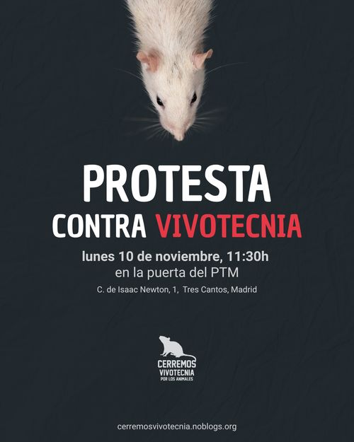 Protesta contra Vivotecnia.
Lunes 10 de noviembre, 11:30h en la puerta del PTM (calle Isaac Newton, 1, Tres Cantos). Convoca Cerremos Vivotecnia por los animales. Aparece la foto de una rata blanca y fondo negro.