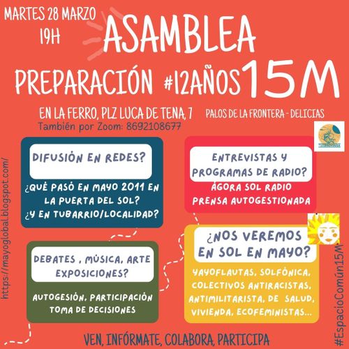 Preparación #12años15M Hacia mayo 2023 ¿Qué haremos? ¿Nos juntaremos en Sol? ¿Habrán acabado las obras? ¿debatiremos? ¿Qué pasa con la horizontalidad y la participación?
https://mayoglobal.blogspot.com/