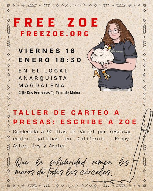 Taller de carteo a presas: escribe a Zoe.

Aparece un dibujo de Zoe abrazando a una gallina. 

Luego en texto la información del evento.